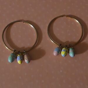 Junk * Gold Tone Hoop Earrings with Cuye Wooden Easter Egg Charms